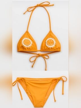 NWT Aerie 2 SET Smiley String Triangle Top + Cheekiest Bottom Orange
